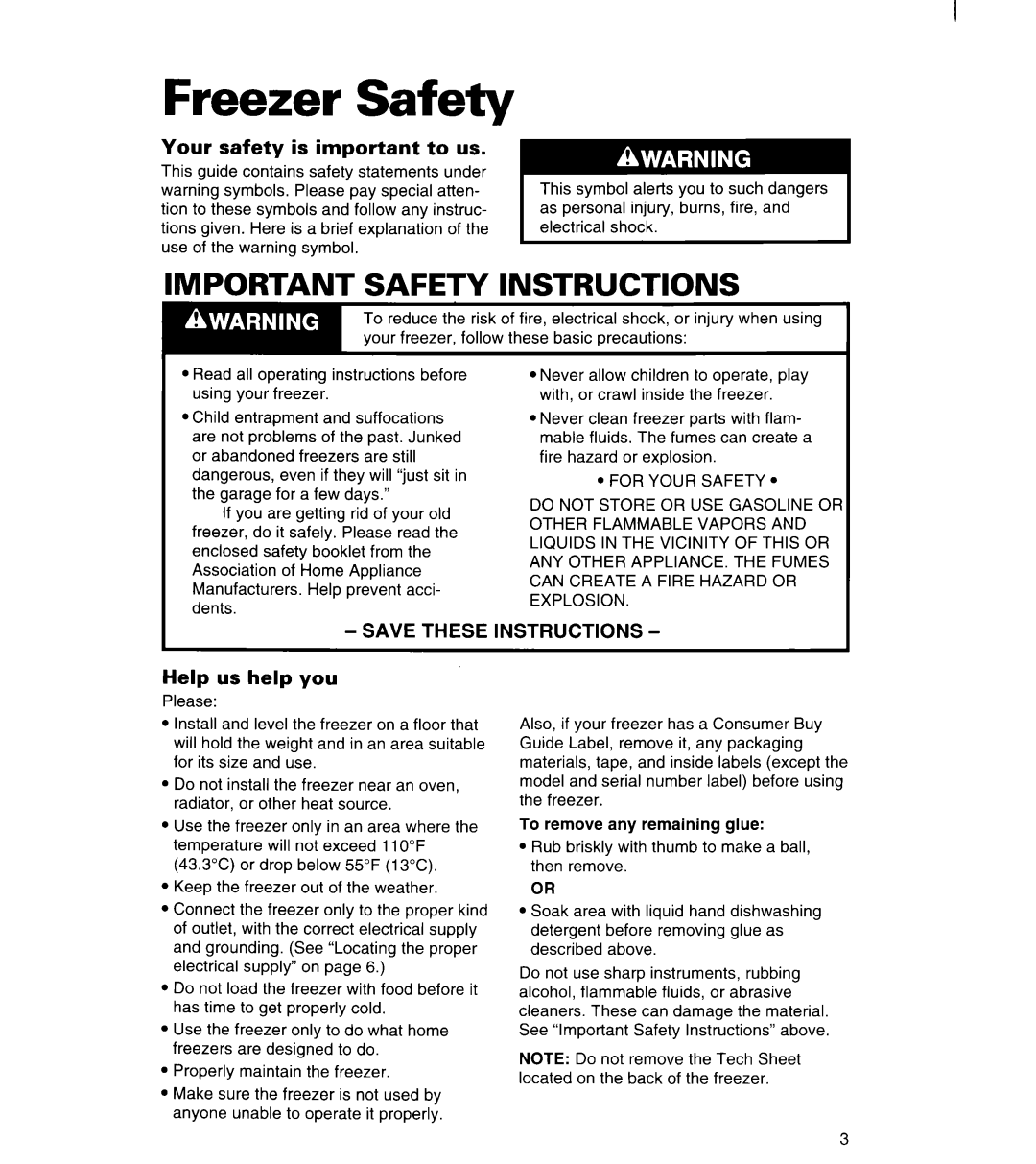 Whirlpool FREEZERS warranty Freezer Safety, Your safety is important to us, Help us help You 