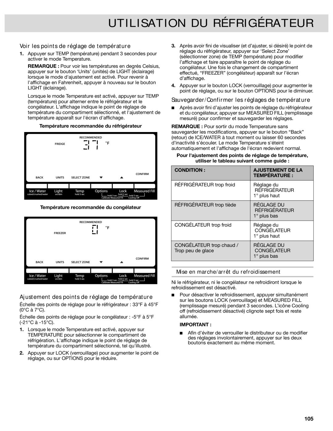 Whirlpool French Door Bottom Mount Refrrigerator, W10417010A manual Voir les points de réglage de température 