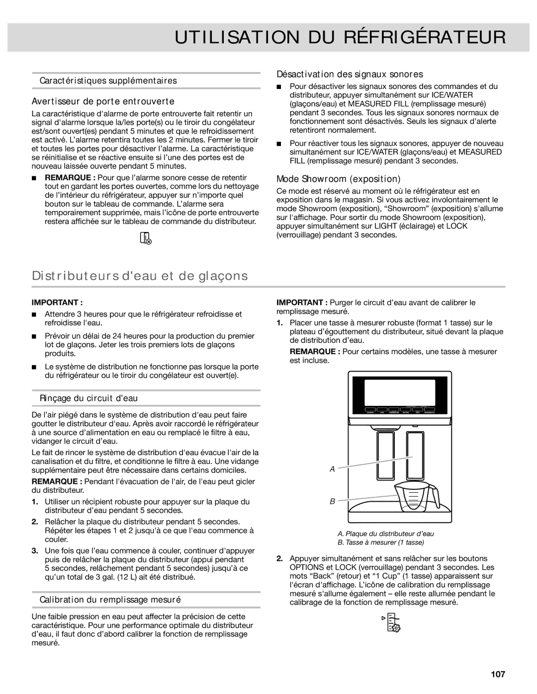 Whirlpool French Door Bottom Mount Refrrigerator manual Distributeurs deau et de glaçons, Avertisseur de porte entrouverte 