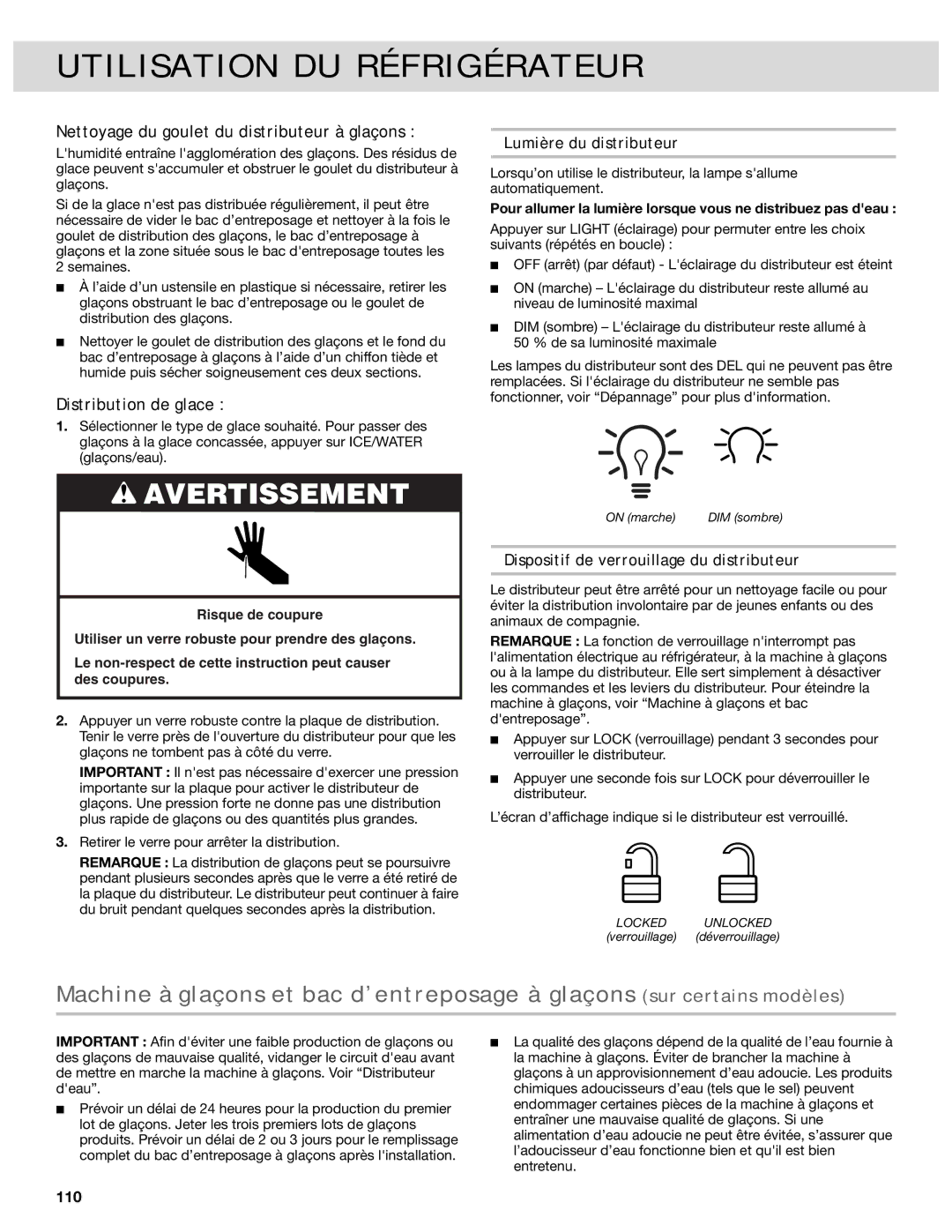 Whirlpool W10417010A manual Nettoyage du goulet du distributeur à glaçons, Distribution de glace, Lumière du distributeur 