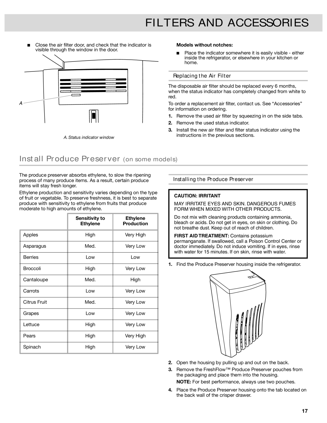 Whirlpool French Door Bottom Mount Refrrigerator manual Install Produce Preserver on some models, Replacing the Air Filter 