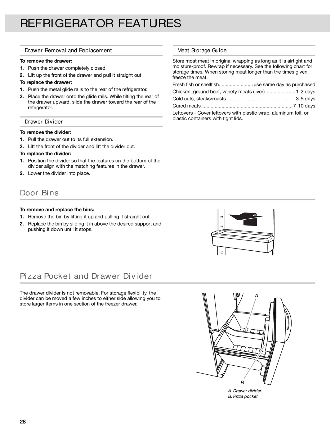 Whirlpool W10417010A manual Door Bins, Pizza Pocket and Drawer Divider, Drawer Removal and Replacement, Meat Storage Guide 