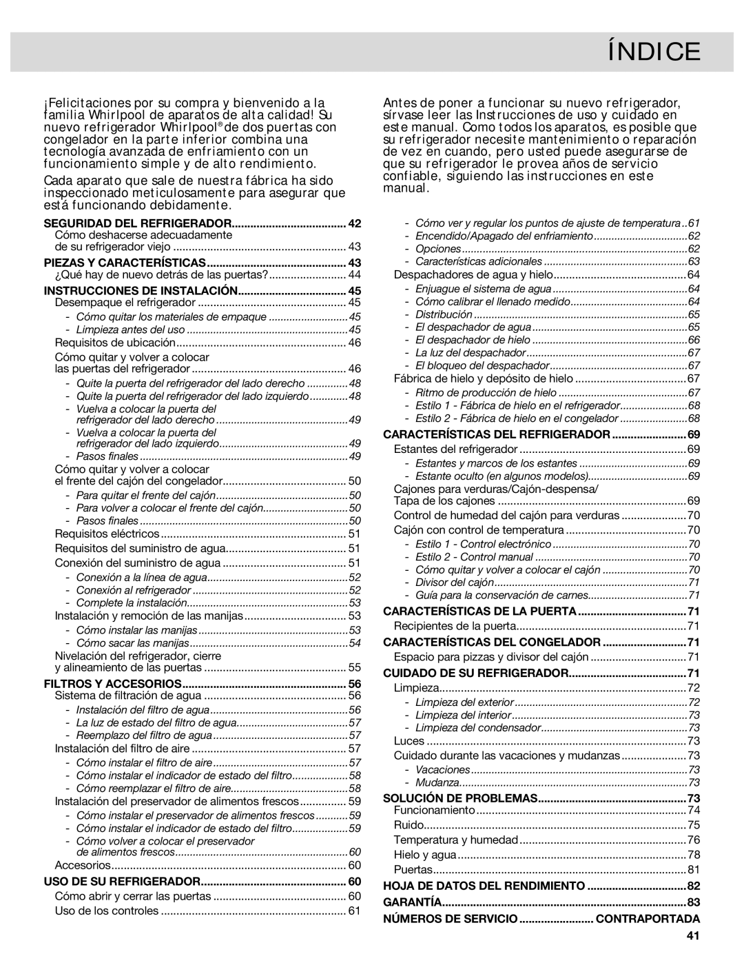 Whirlpool French Door Bottom Mount Refrrigerator, W10417010A manual Índice 