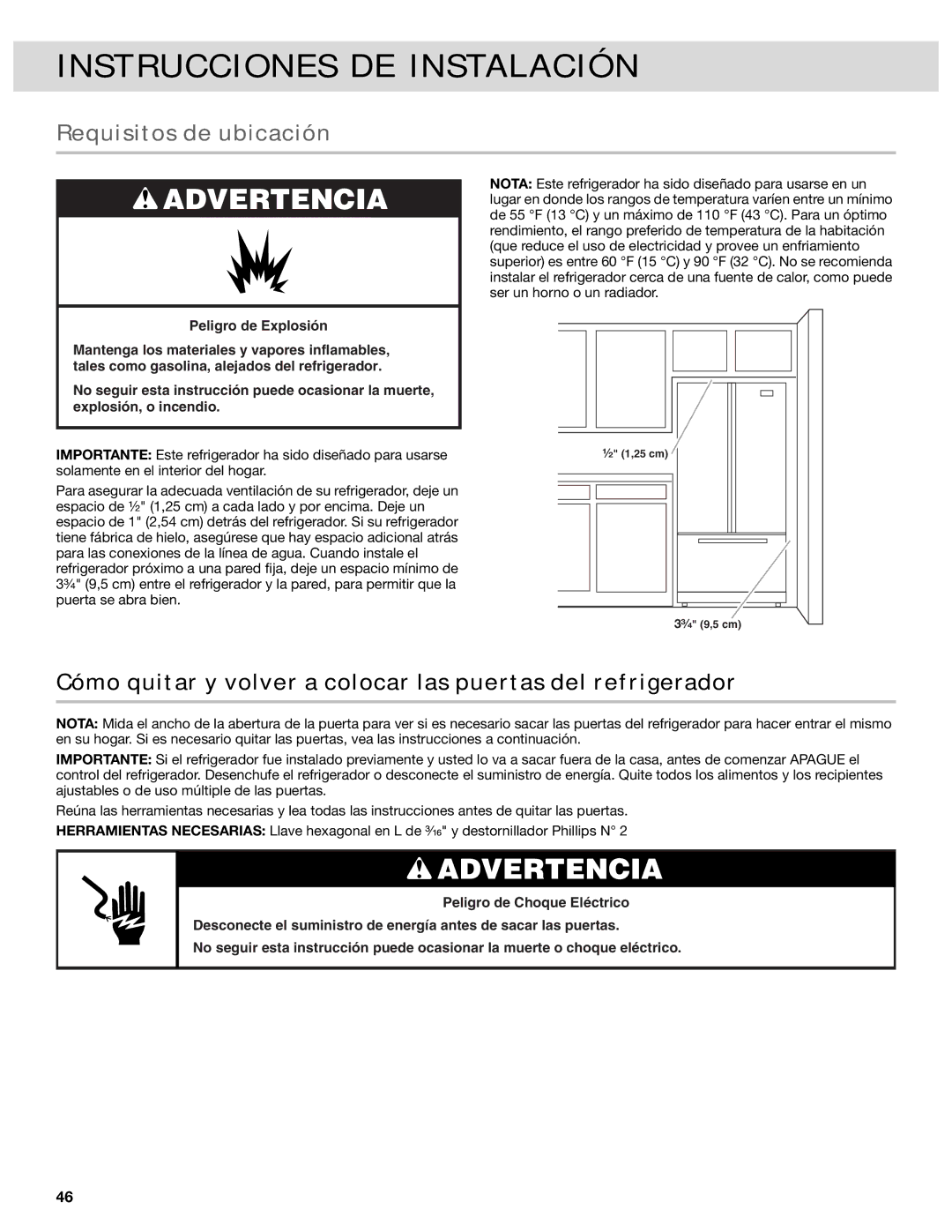 Whirlpool W10417010A manual Requisitos de ubicación, Cómo quitar y volver a colocar las puertas del refrigerador 