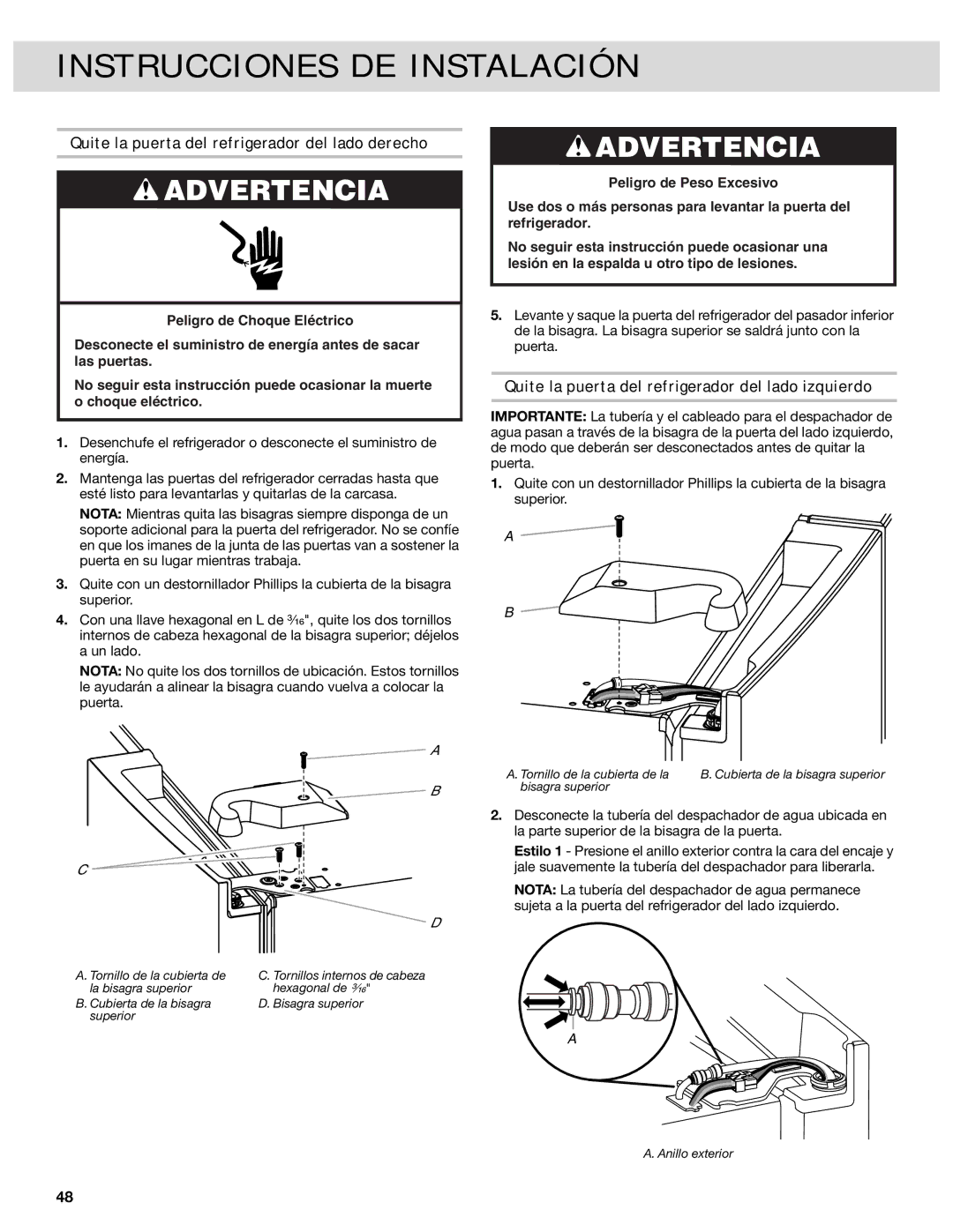 Whirlpool W10417010A manual Quite la puerta del refrigerador del lado derecho, Peligro de Choque Eléctrico 