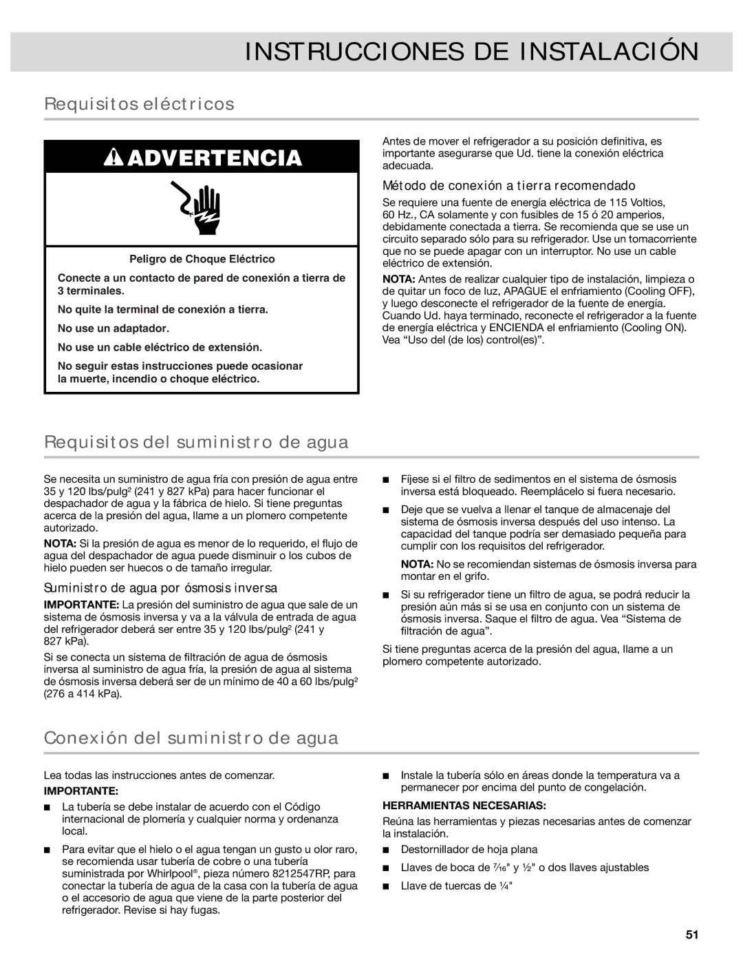 Whirlpool French Door Bottom Mount Refrrigerator, W10417010A manual Requisitos eléctricos, Requisitos del suministro de agua 