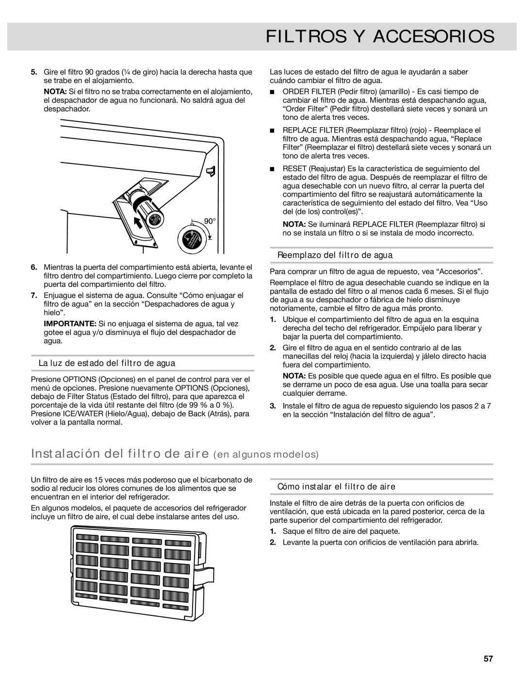 Whirlpool French Door Bottom Mount Refrrigerator, W10417010A manual Instalación del filtro de aire en algunos modelos 