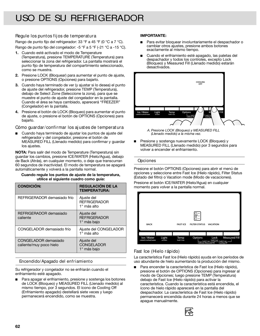 Whirlpool W10417010A Regule los puntos fijos de temperatura, Cómo guardar/confirmar los ajustes de temperatura, Opciones 