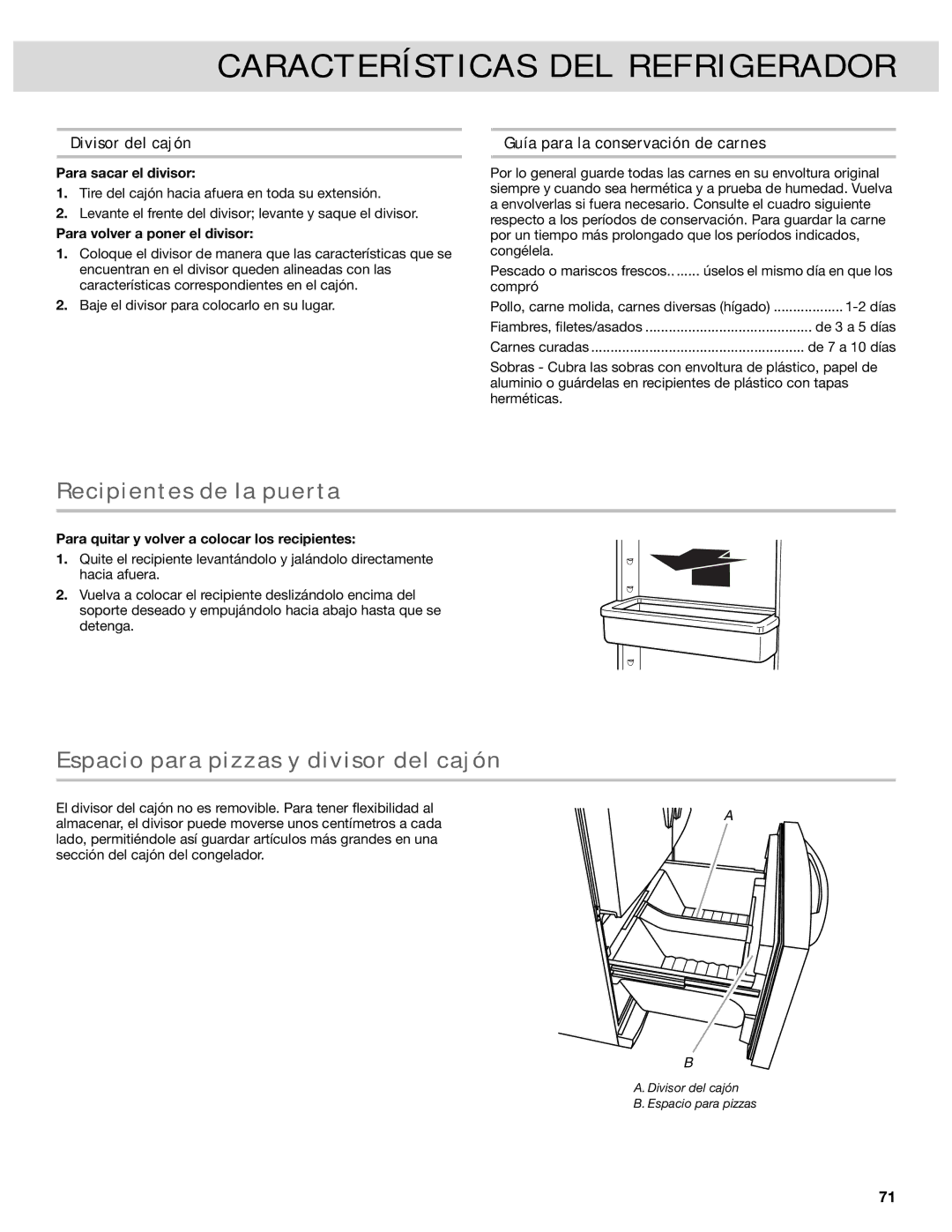 Whirlpool French Door Bottom Mount Refrrigerator manual Recipientes de la puerta, Espacio para pizzas y divisor del cajón 