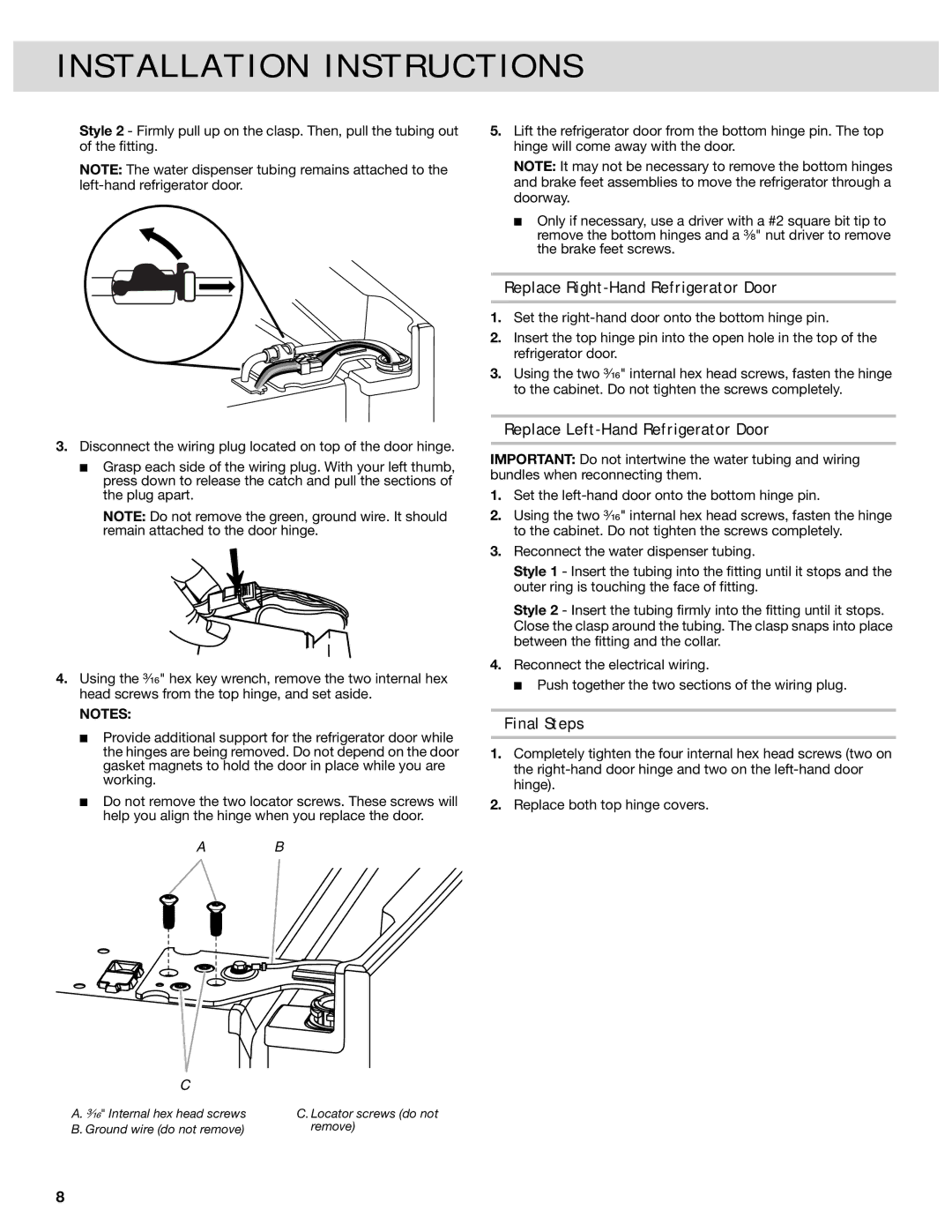 Whirlpool W10417010A manual Replace Right-Hand Refrigerator Door, Replace Left-Hand Refrigerator Door, Final Steps 