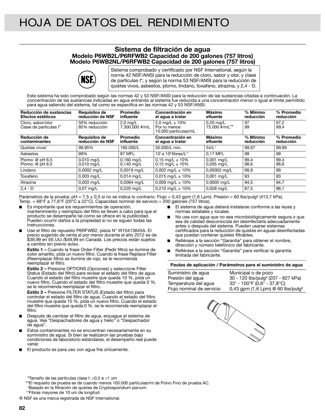 Whirlpool W10417010A, French Door Bottom Mount Refrrigerator Hoja DE Datos DEL Rendimiento, Sistema de filtración de agua 