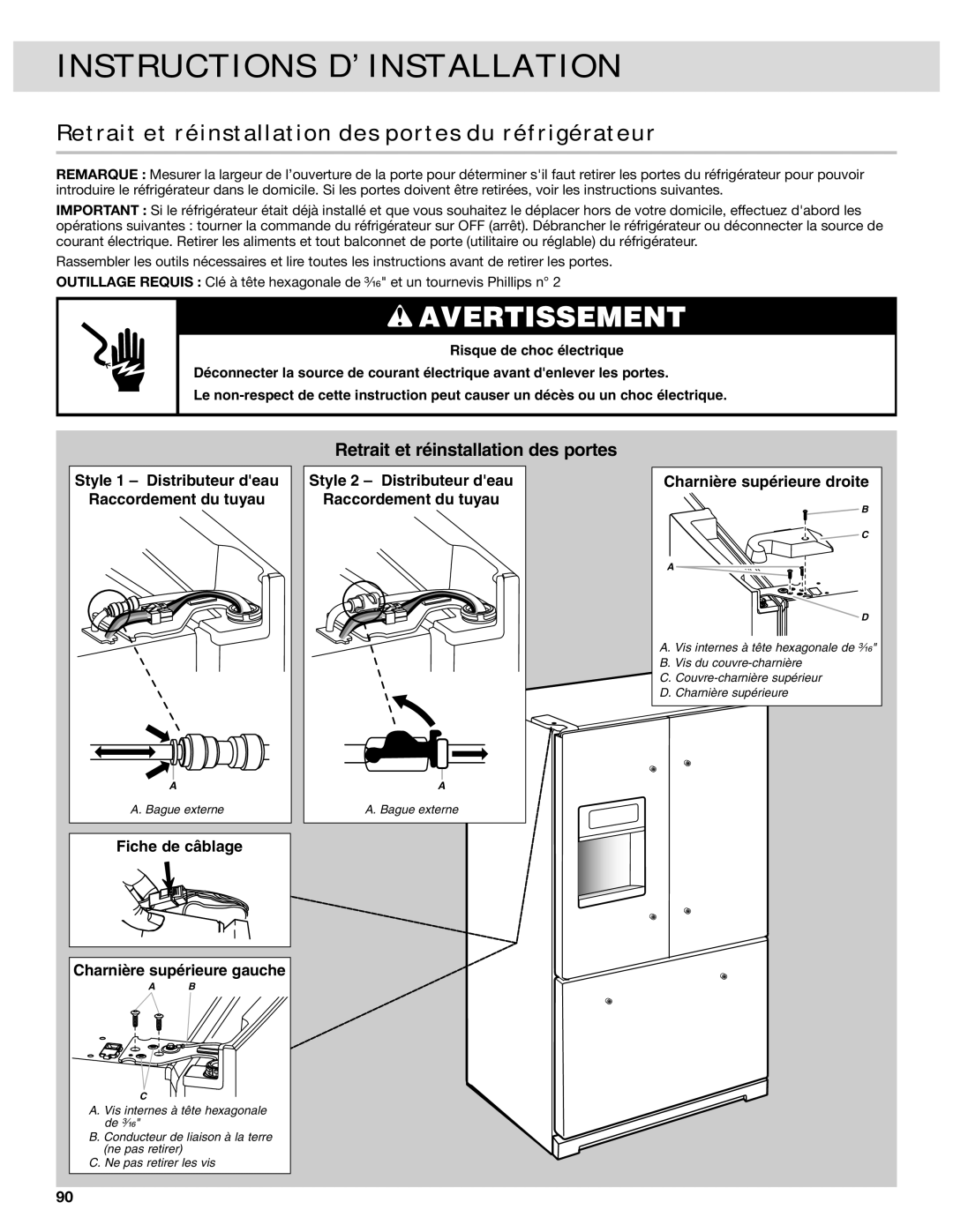 Whirlpool W10417010A Retrait et réinstallation des portes du réfrigérateur, Fiche de câblage Charnière supérieure gauche 