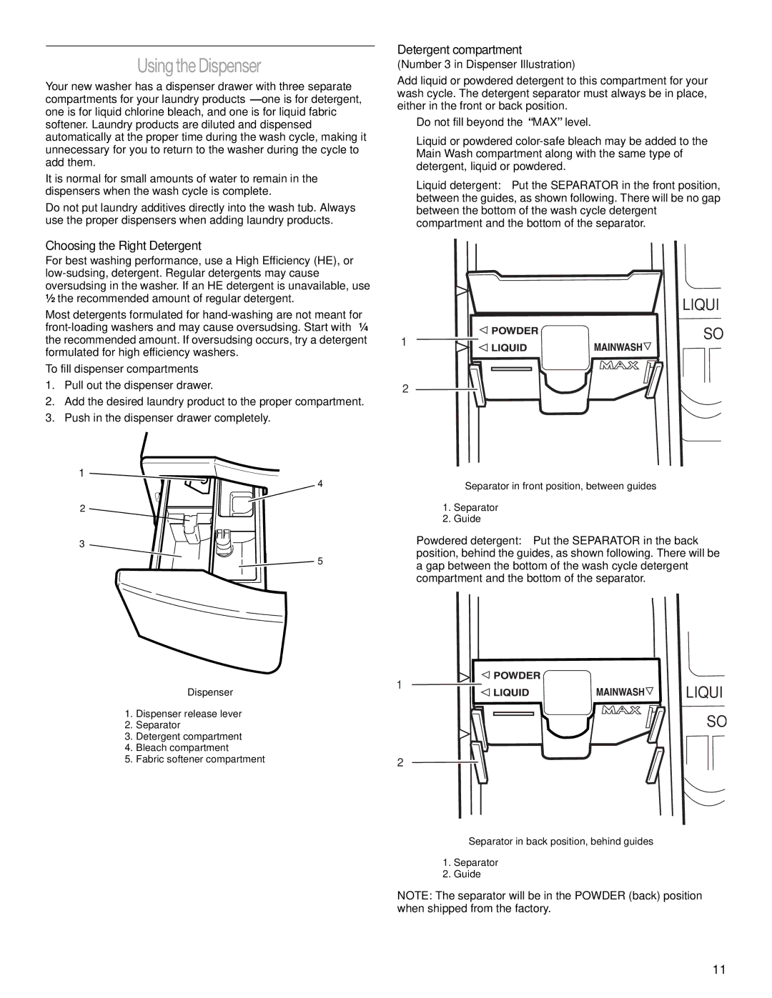 Whirlpool Front-Load Washer manual Using the Dispenser, Choosing the Right Detergent, Detergent compartment 