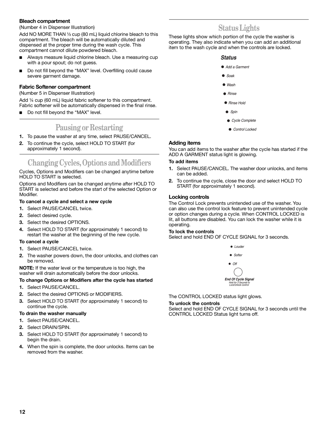 Whirlpool Front-Load Washer manual Status Lights, Pausing or Restarting 