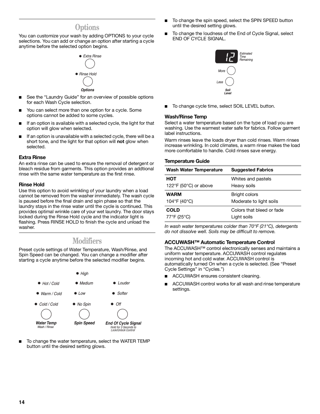 Whirlpool Front-Load Washer manual Options, Modifiers 