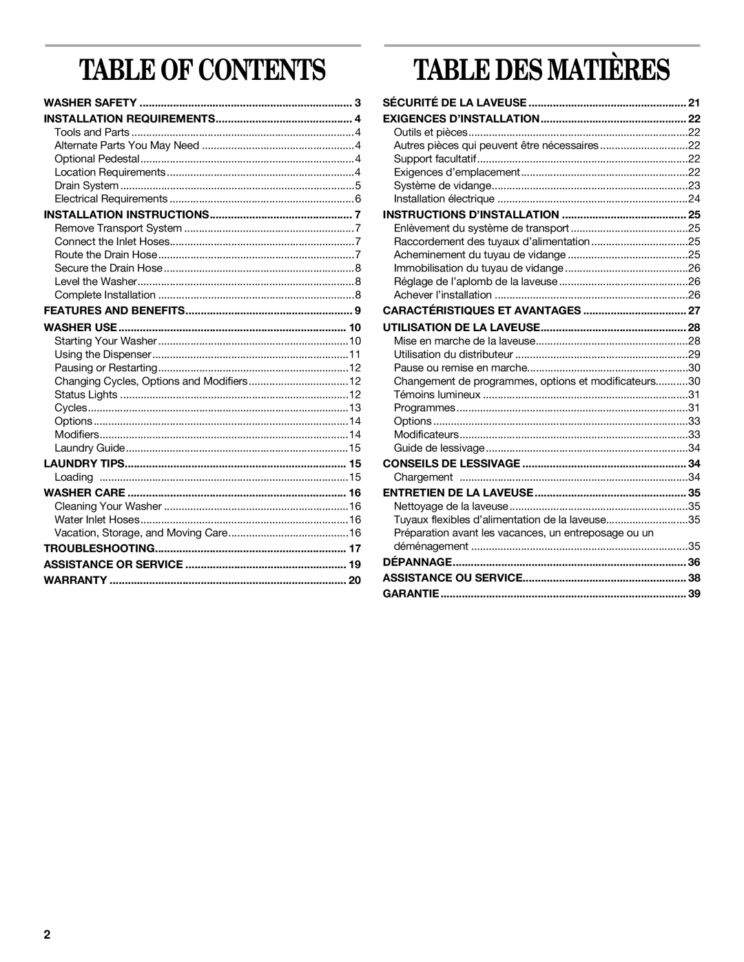 Whirlpool Front-Load Washer manual Table of Contents 