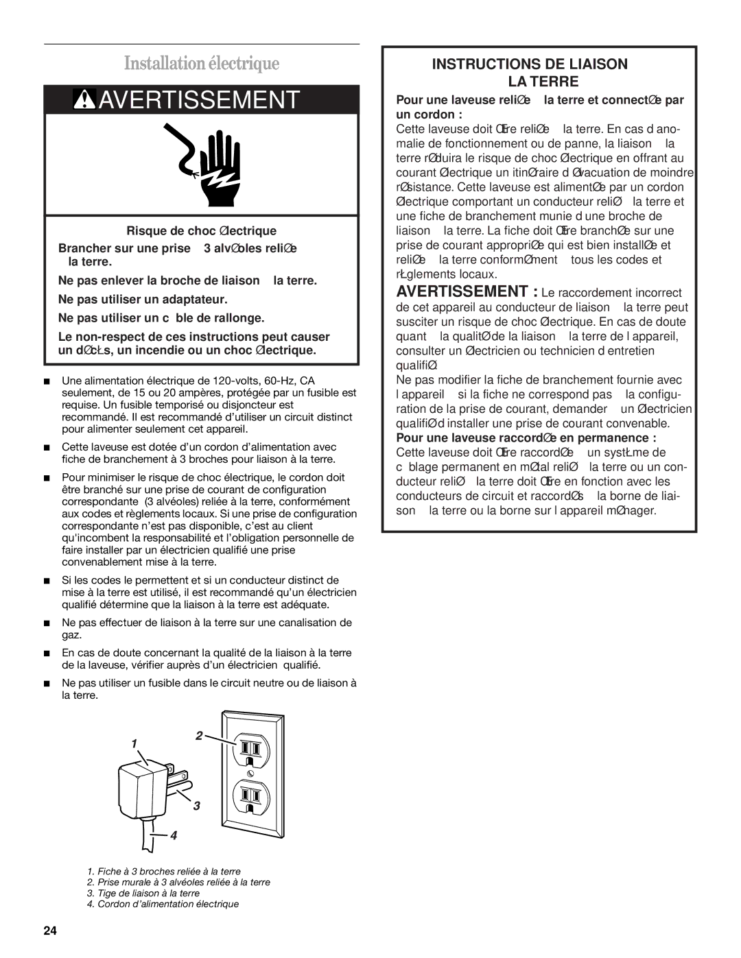 Whirlpool Front-Load Washer manual Avertissement, Installation électrique 