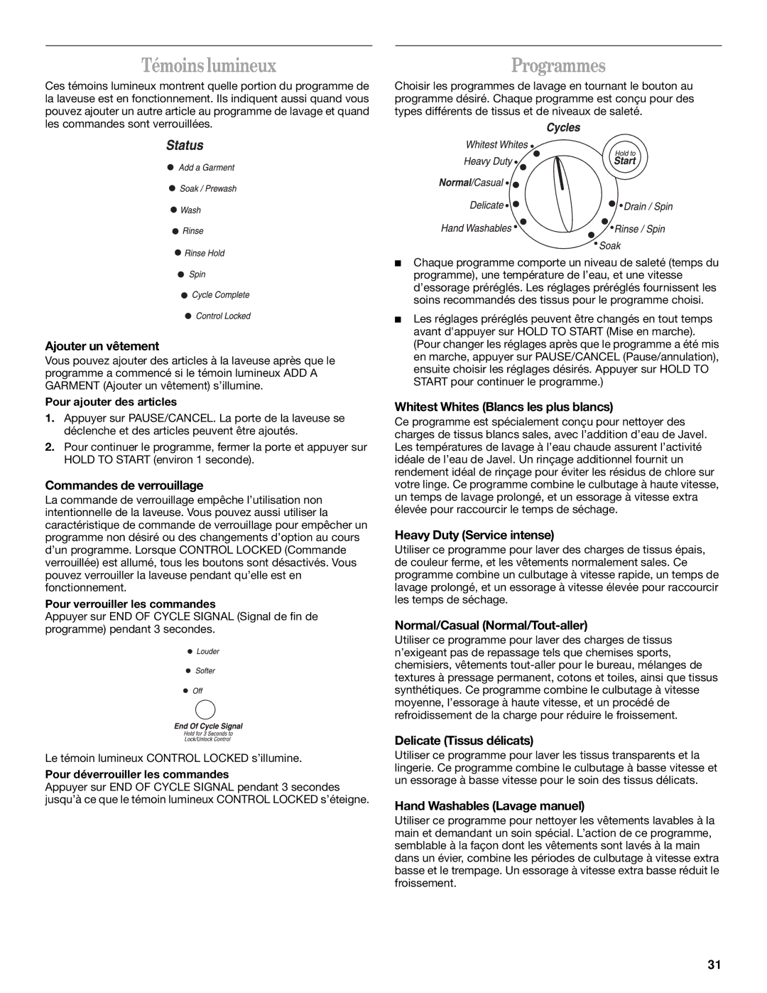 Whirlpool Front-Load Washer manual Témoins lumineux, Programmes 