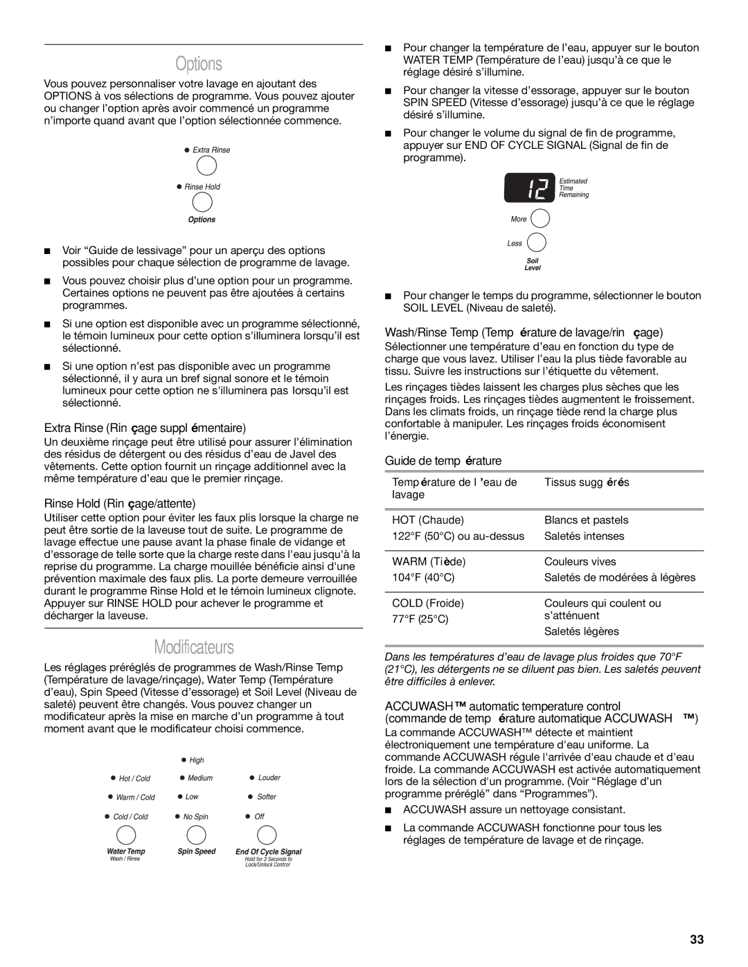 Whirlpool Front-Load Washer manual Extra Rinse Rinçage supplémentaire, Rinse Hold Rinçage/attente, Guide de température 