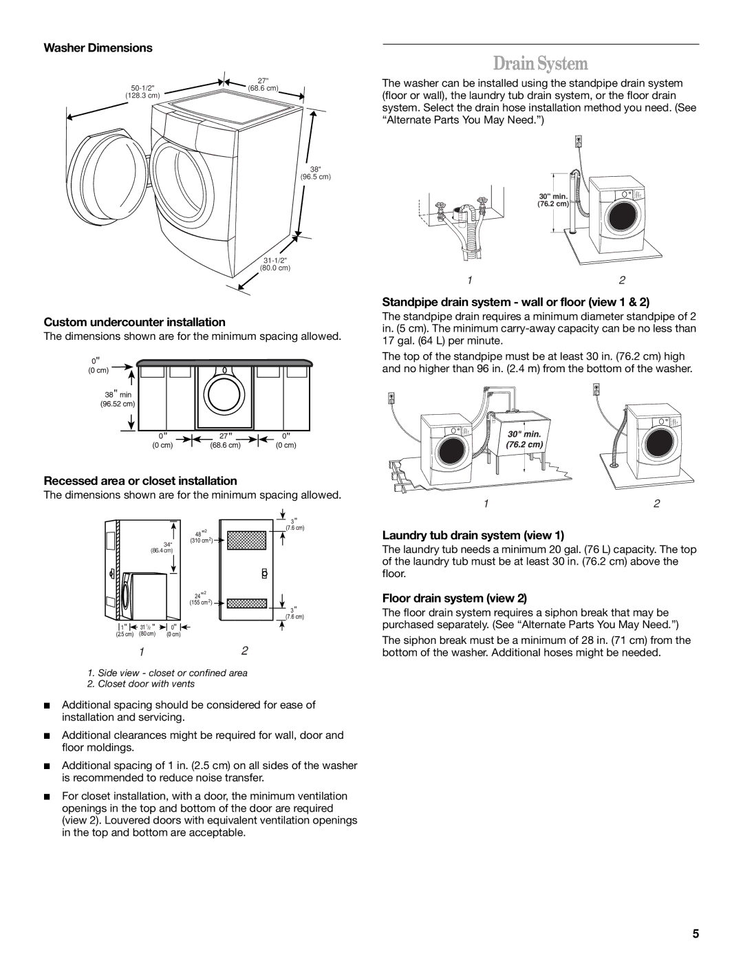 Whirlpool Front-Load Washer Drain System, Washer Dimensions, Recessed area or closet installation, Floor drain system view 