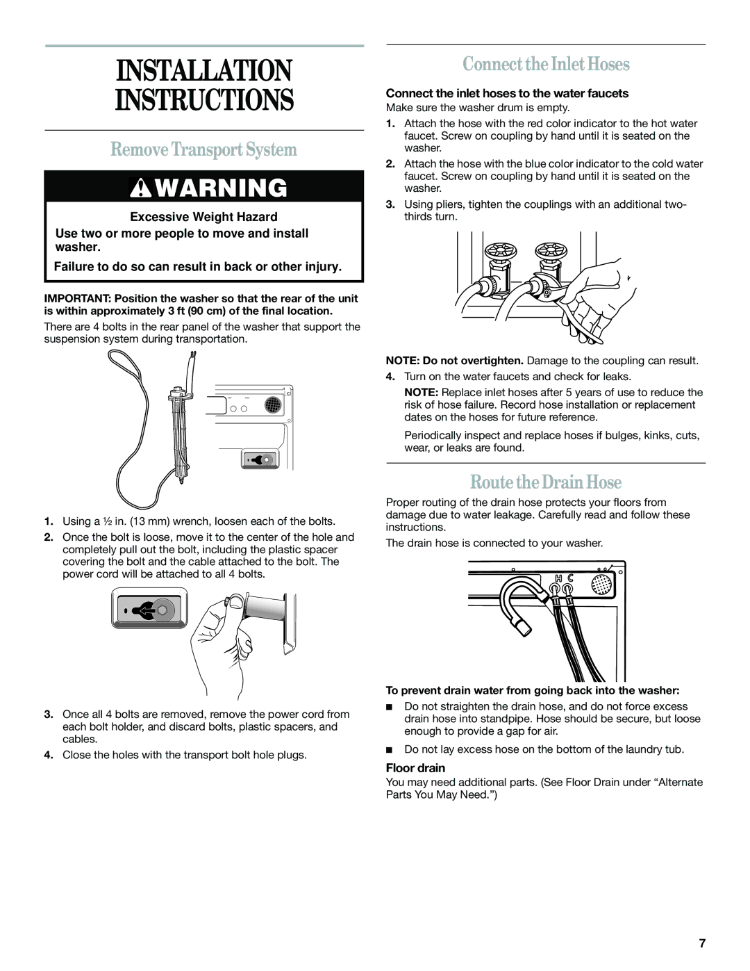 Whirlpool Front-Load Washer manual Installation Instructions, Remove Transport System, Connect the Inlet Hoses 