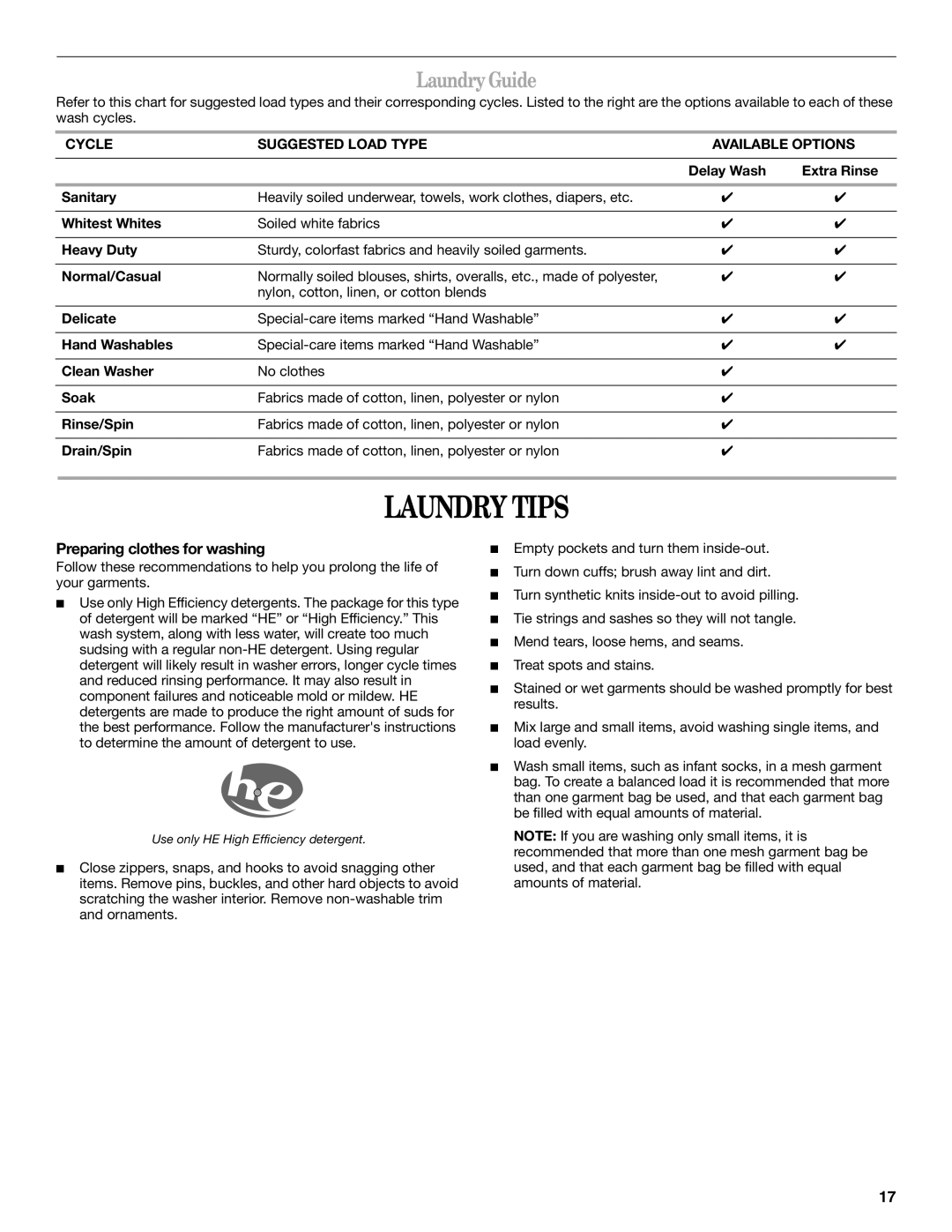 Whirlpool Front Loading Automatic Washer manual Laundry Tips, Laundry Guide, Preparing clothes for washing 