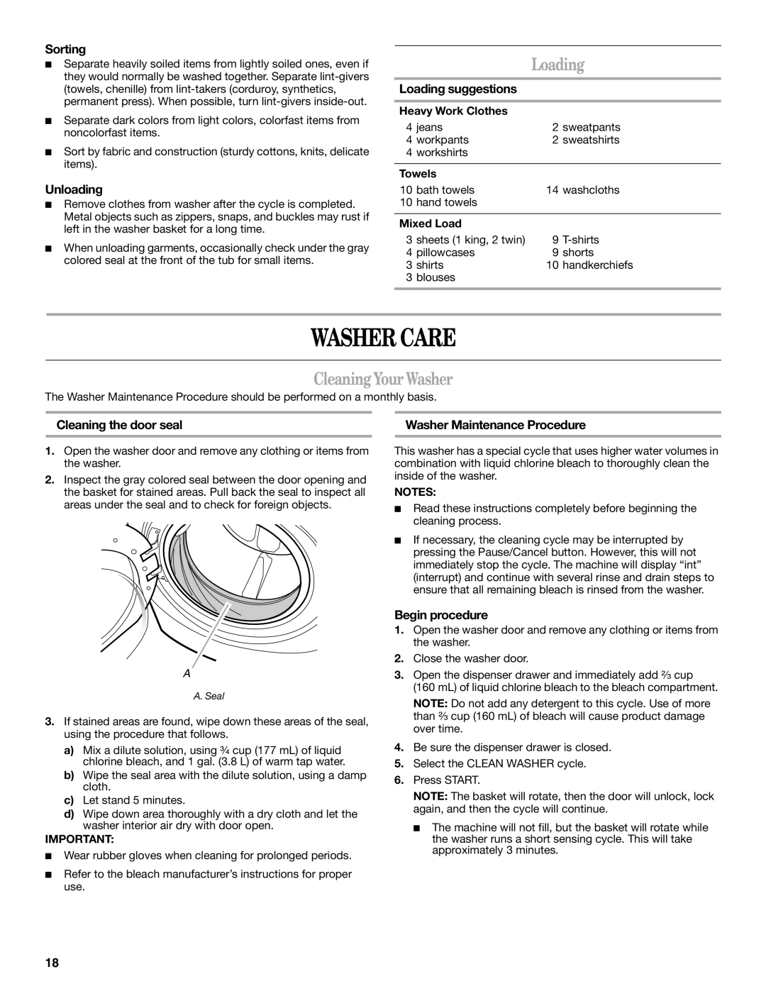 Whirlpool Front Loading Automatic Washer manual Washer Care, Cleaning Your Washer 