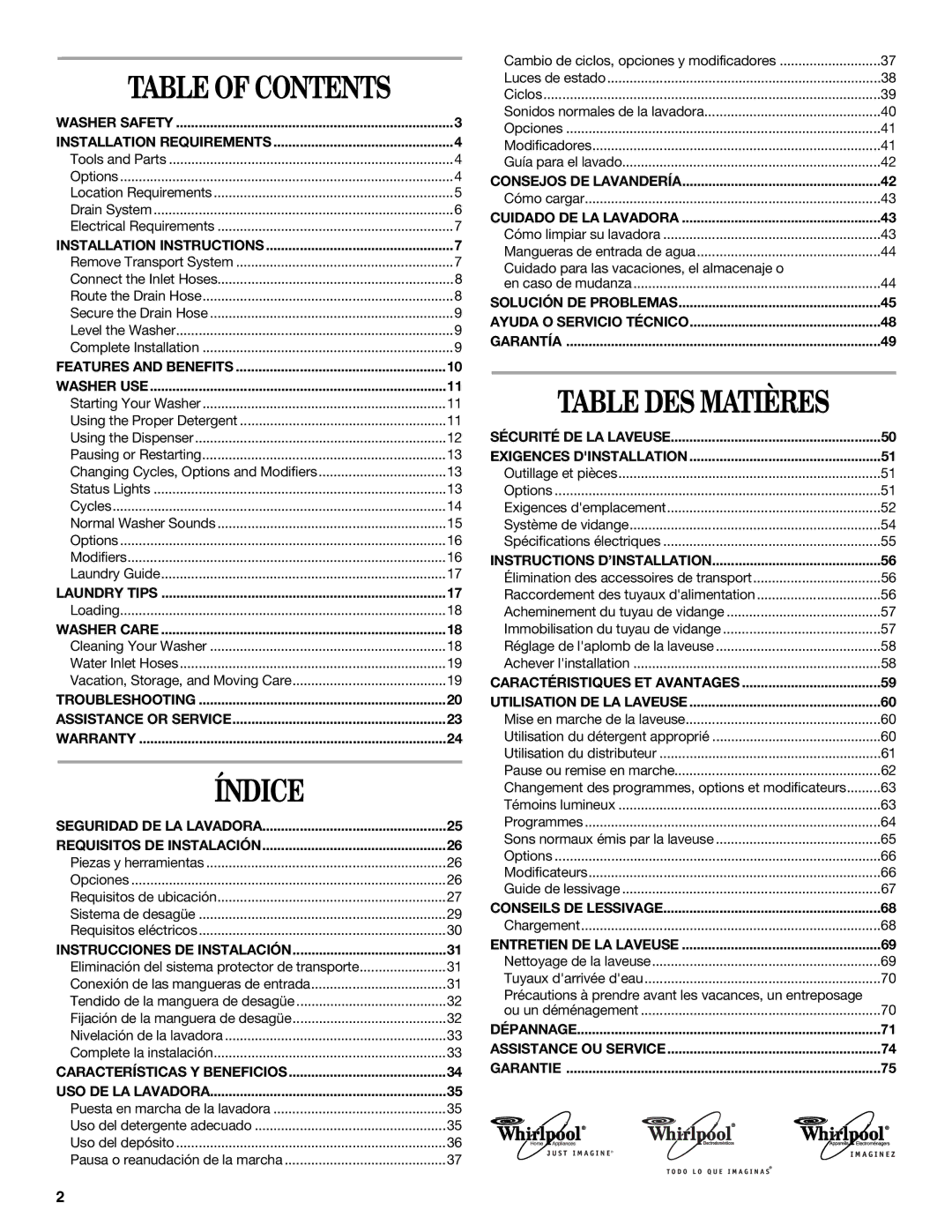 Whirlpool Front Loading Automatic Washer manual Índice, Table of Contents 