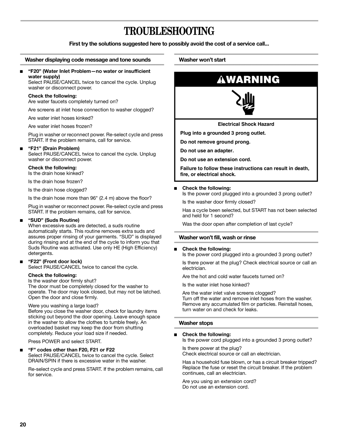 Whirlpool Front Loading Automatic Washer manual Troubleshooting, Washer won’t start, Washer won’t fill, wash or rinse 