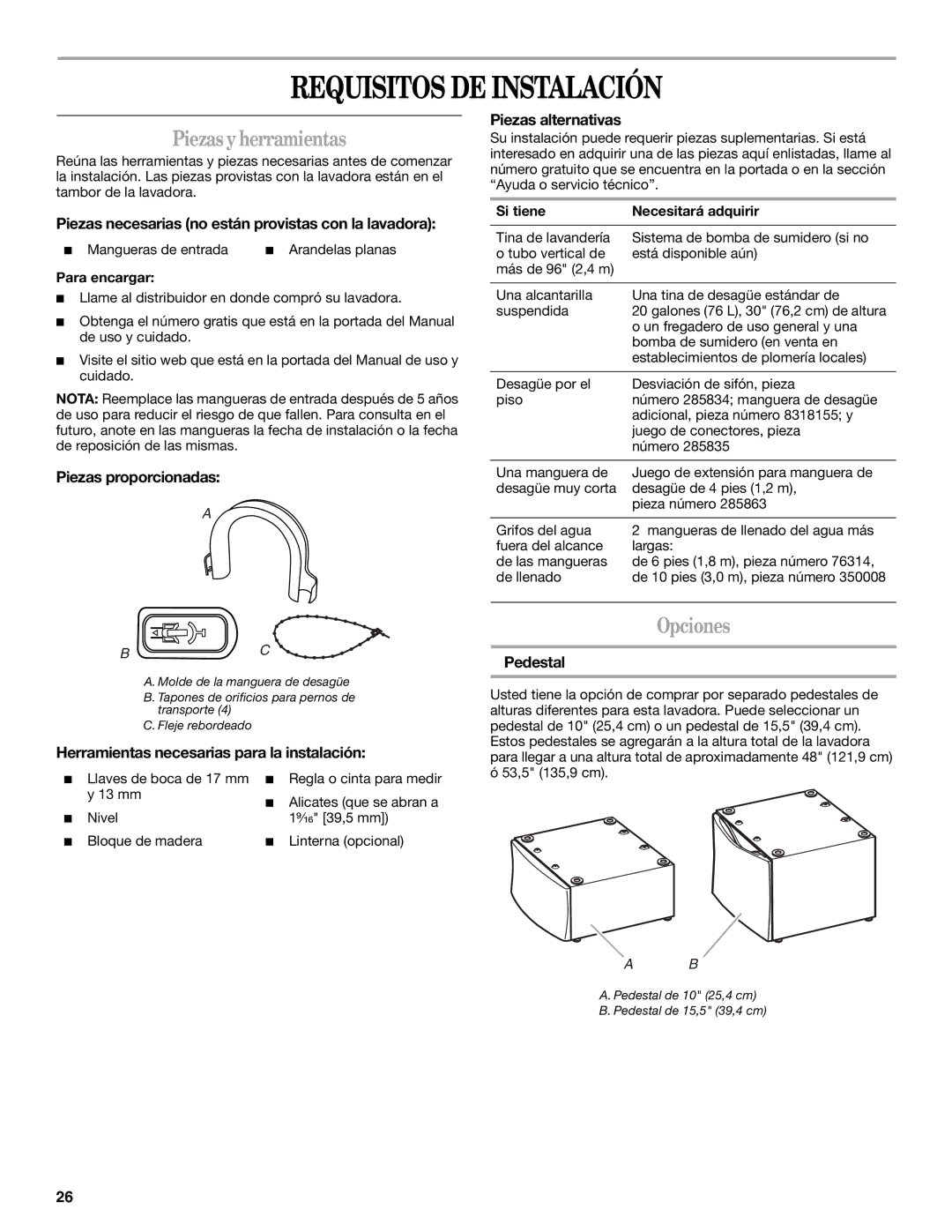 Whirlpool Front Loading Automatic Washer manual Requisitos DE Instalación, Piezas y herramientas, Opciones 