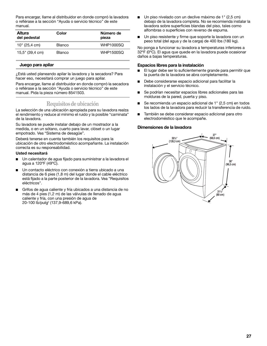 Whirlpool Front Loading Automatic Washer Requisitos de ubicación, Altura, Juego para apilar, Dimensiones de la lavadora 