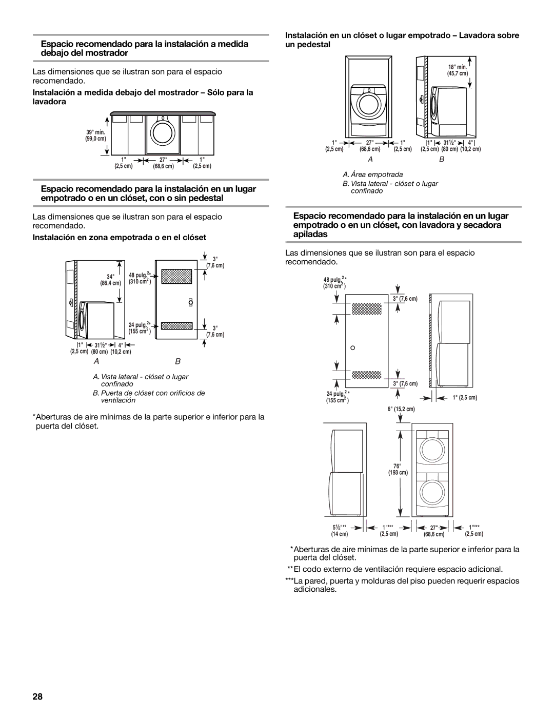 Whirlpool Front Loading Automatic Washer manual Área empotrada Vista lateral clóset o lugar confinado 