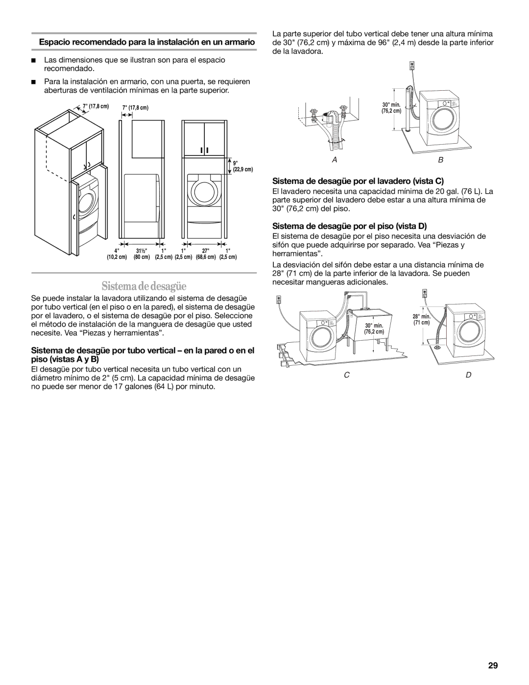 Whirlpool Front Loading Automatic Washer manual Sistema de desagüe, Espacio recomendado para la instalación en un armario 