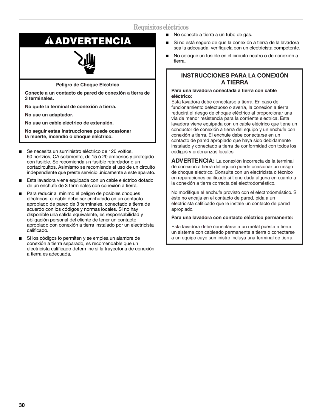 Whirlpool Front Loading Automatic Washer manual Requisitos eléctricos, Se necesita un suministro eléctrico de 120 voltios 