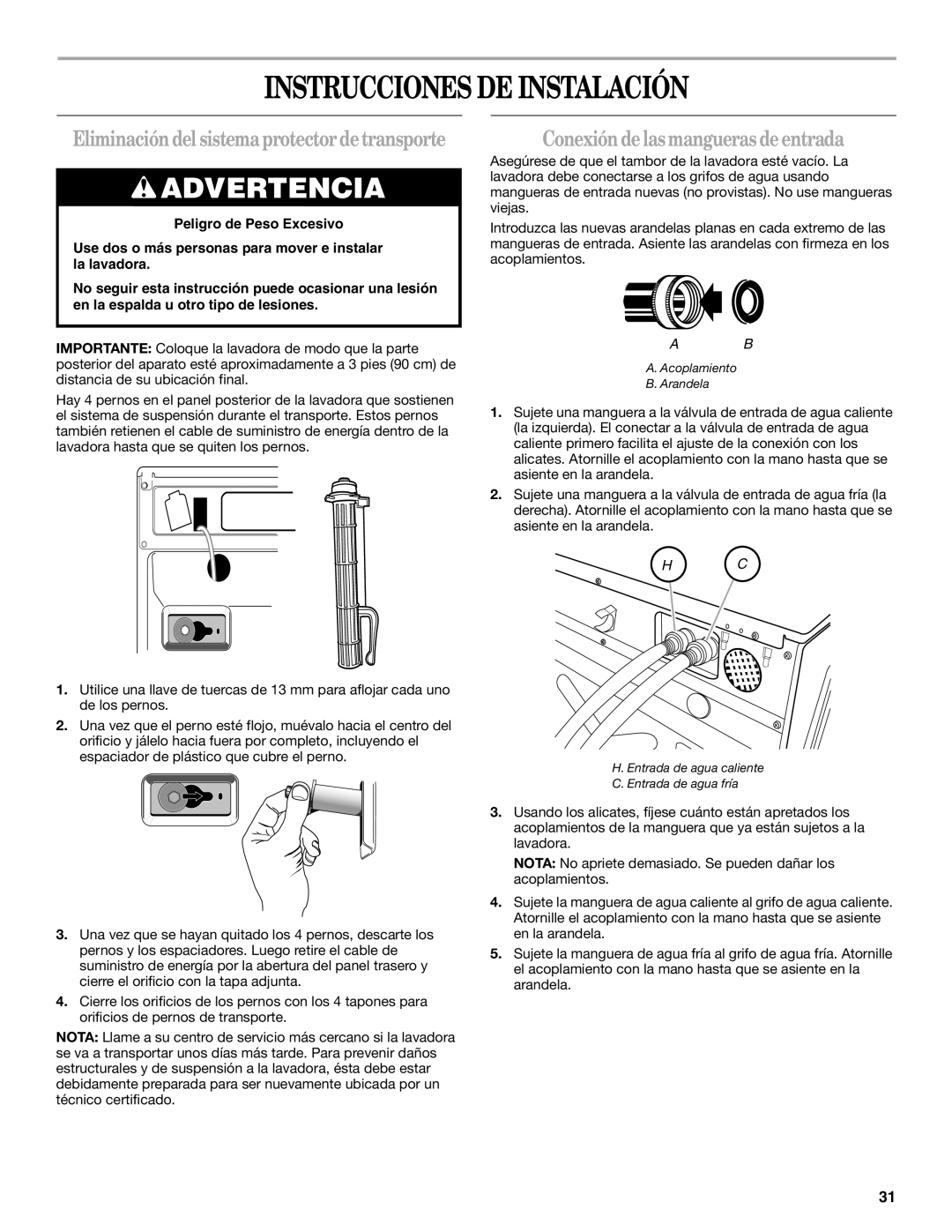 Whirlpool Front Loading Automatic Washer manual Instrucciones DE Instalación, Conexión de las mangueras de entrada 