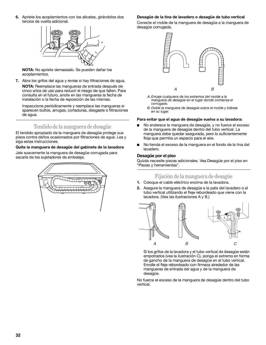 Whirlpool Front Loading Automatic Washer manual Tendido de la manguera de desagüe, Fijación de la manguera de desagüe 