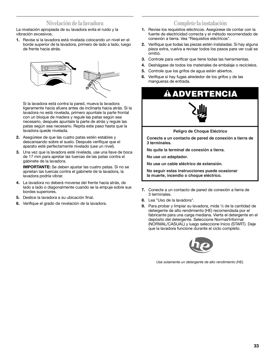 Whirlpool Front Loading Automatic Washer manual Nivelación de la lavadora, Complete la instalación 