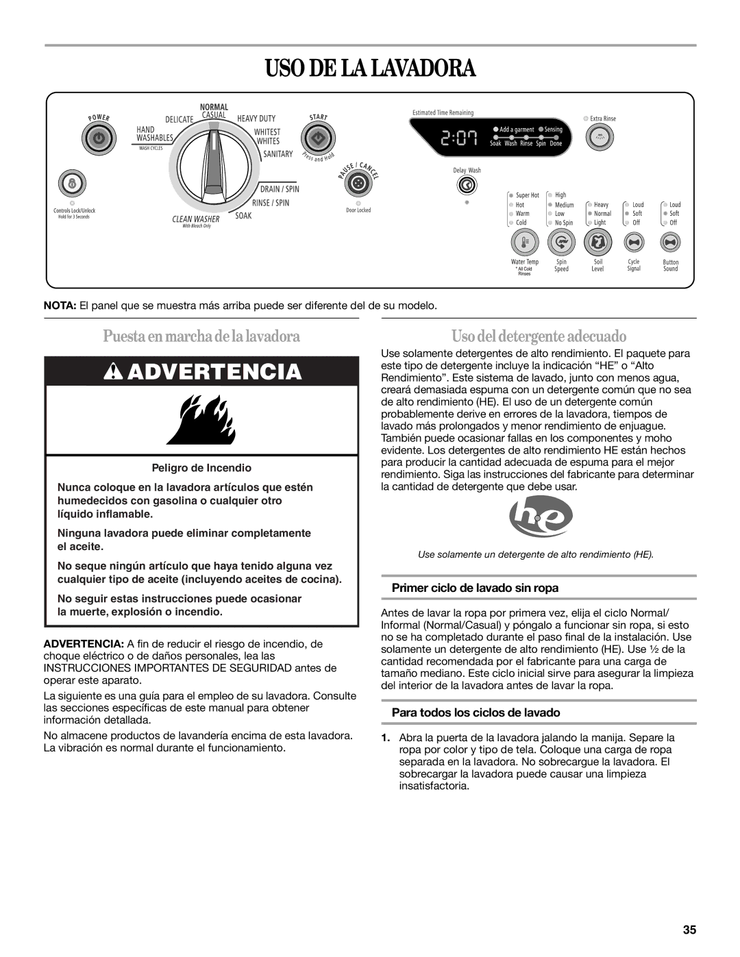 Whirlpool Front Loading Automatic Washer USO DE LA Lavadora, Puesta en marcha de la lavadora, Uso del detergente adecuado 