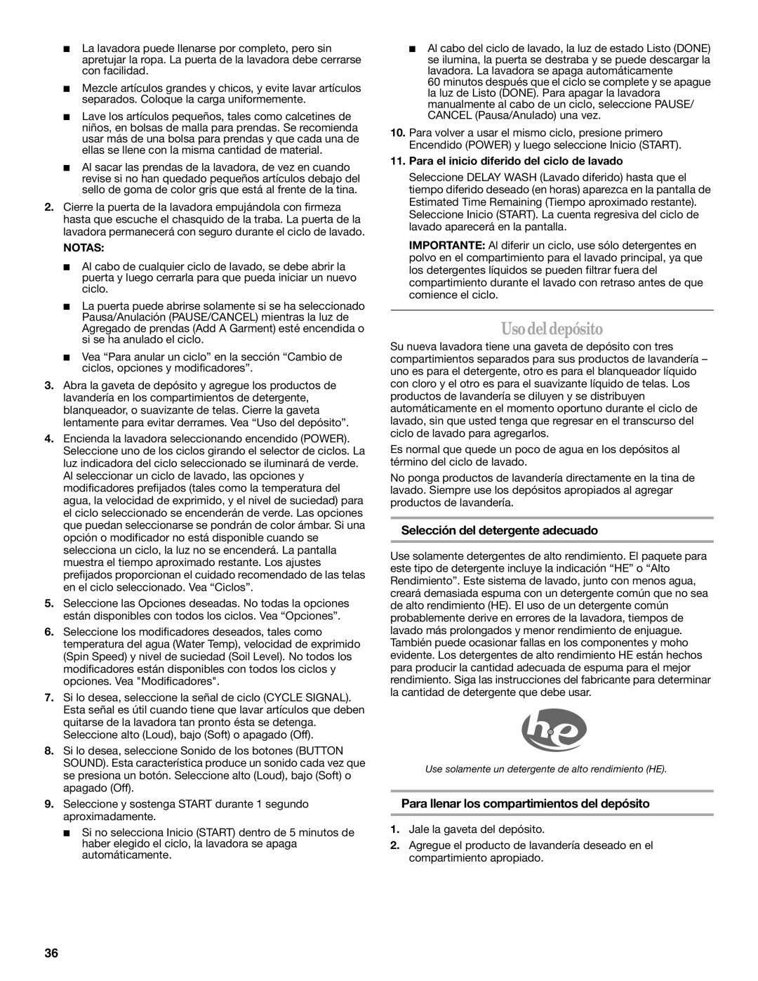 Whirlpool Front Loading Automatic Washer manual Uso del depósito, Selección del detergente adecuado, Notas 