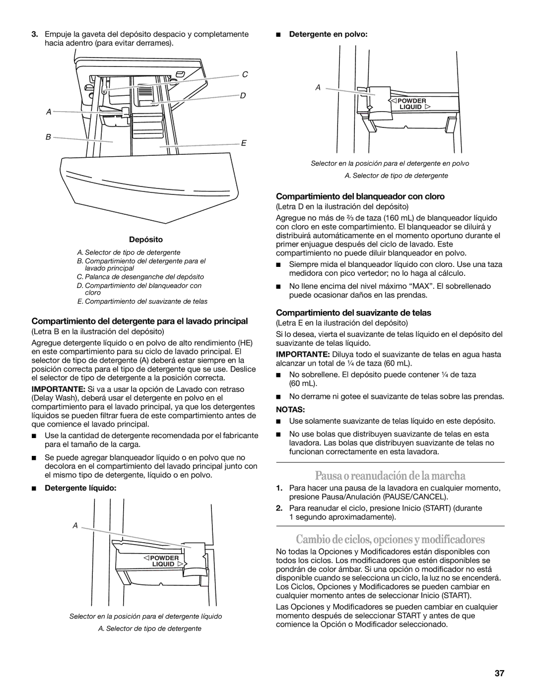 Whirlpool Front Loading Automatic Washer Pausa o reanudación de la marcha, Cambio de ciclos, opciones y modificadores 