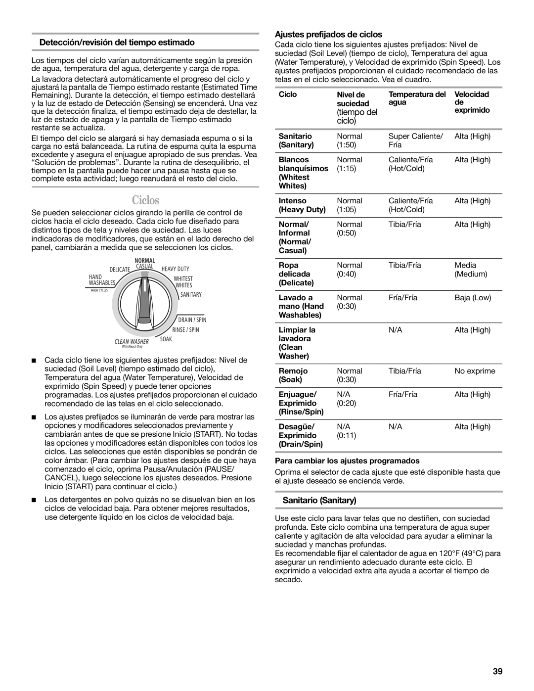 Whirlpool Front Loading Automatic Washer Ciclos, Detección/revisión del tiempo estimado, Ajustes prefijados de ciclos 