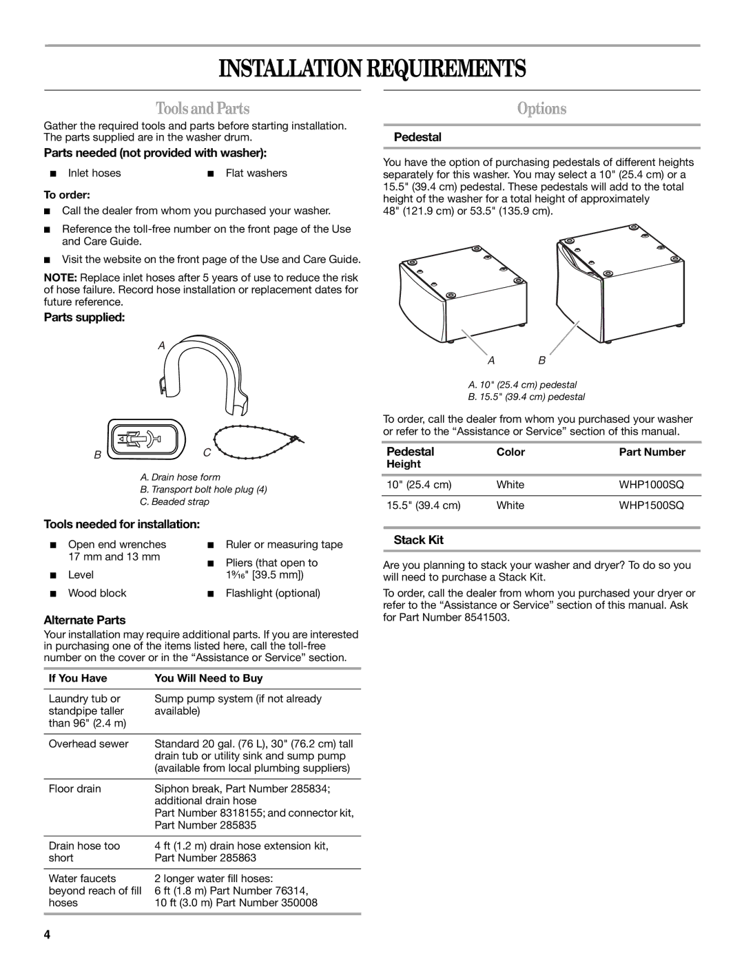 Whirlpool Front Loading Automatic Washer manual Installation Requirements, Tools and Parts, Options 