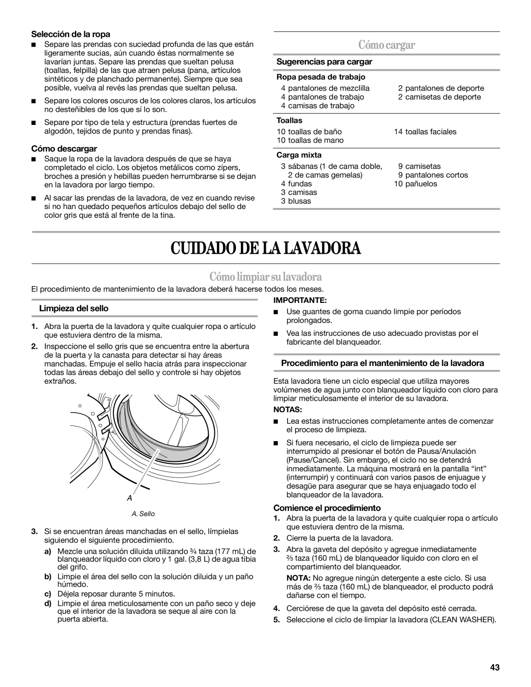 Whirlpool Front Loading Automatic Washer manual Cuidado DE LA Lavadora, Cómo cargar, Cómo limpiar su lavadora 