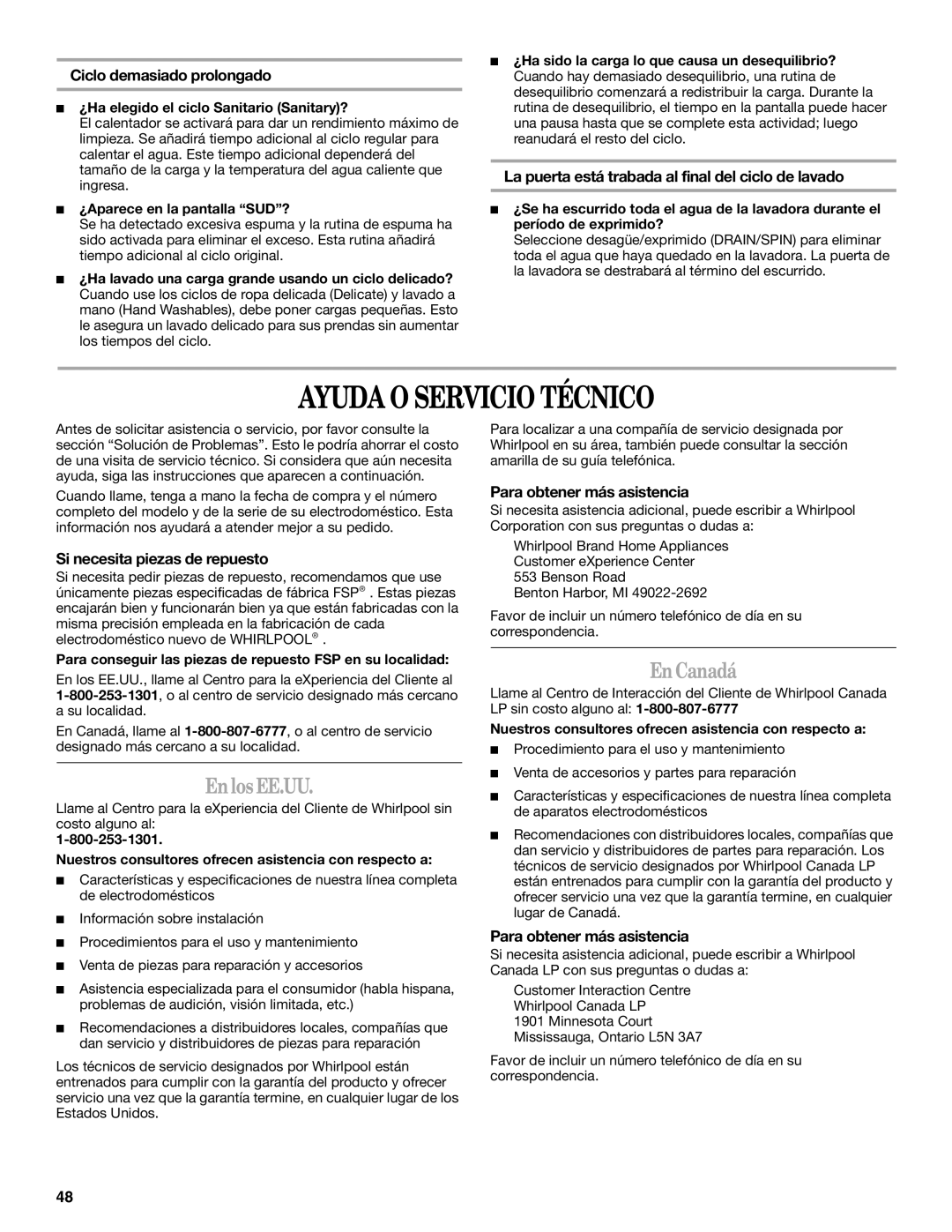 Whirlpool Front Loading Automatic Washer manual Ayuda O Servicio Técnico, En los EE.UU, En Canadá 