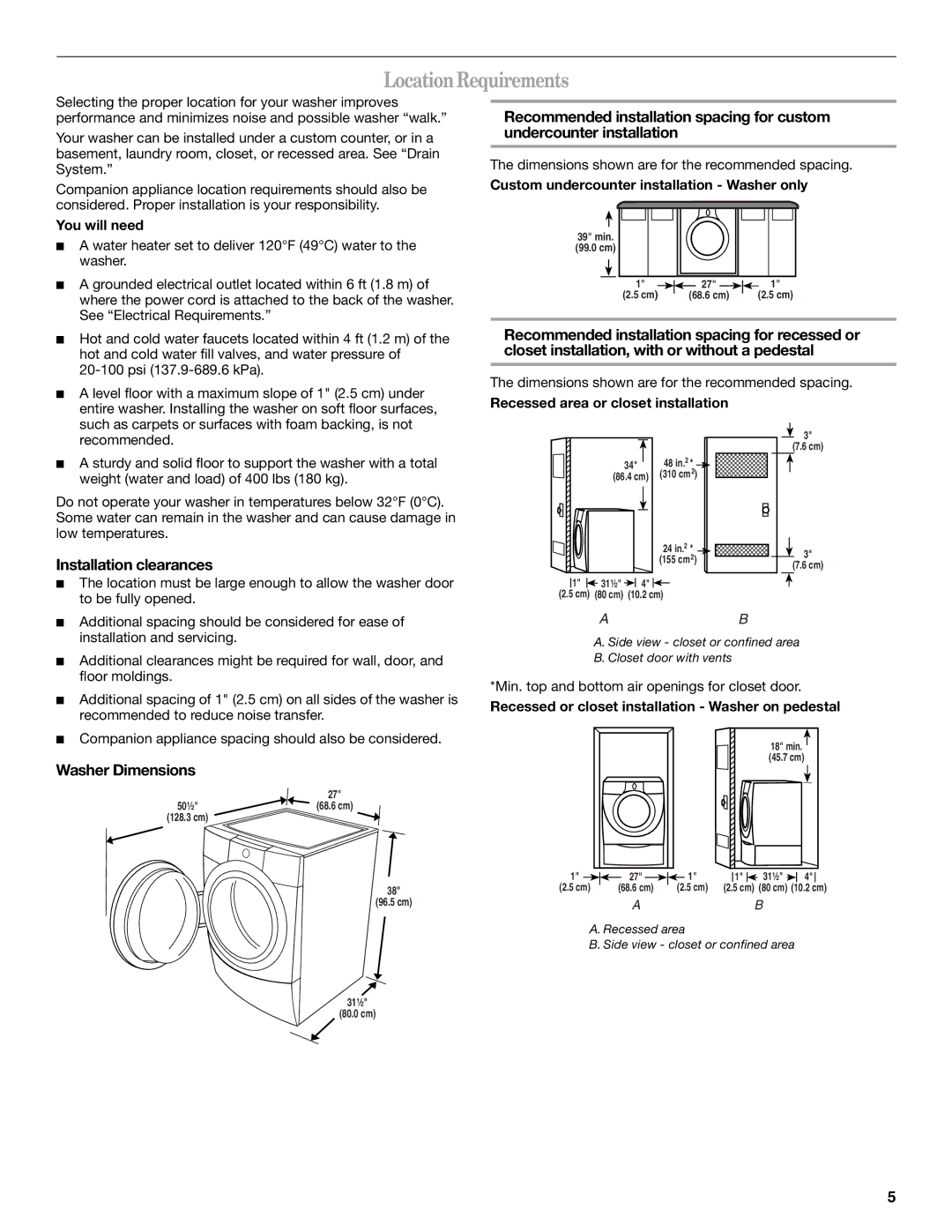 Whirlpool Front Loading Automatic Washer manual Location Requirements, Installation clearances, Washer Dimensions 