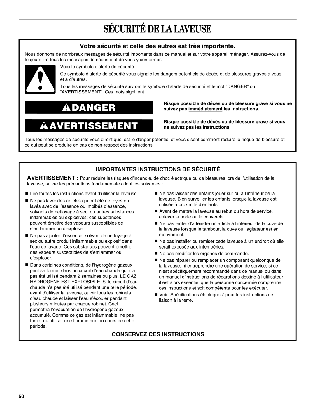 Whirlpool Front Loading Automatic Washer Sécurité DE LA Laveuse, Votre sécurité et celle des autres est très importante 