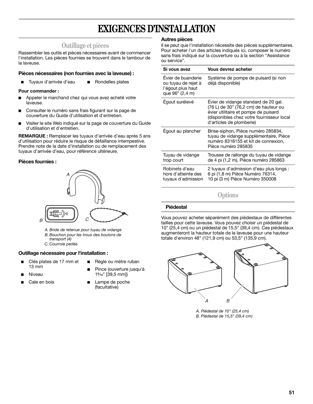 Whirlpool Front Loading Automatic Washer manual Exigences D’INSTALLATION, Outillage et pièces 