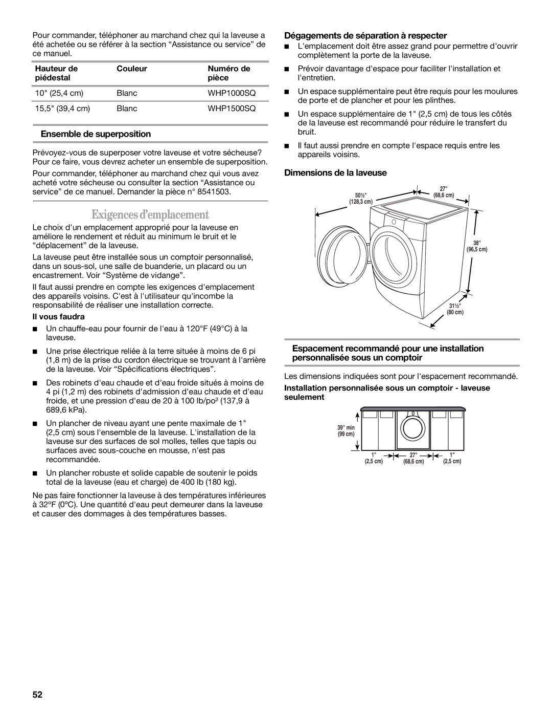 Whirlpool Front Loading Automatic Washer Exigences d’emplacement, Ensemble de superposition, Dimensions de la laveuse 