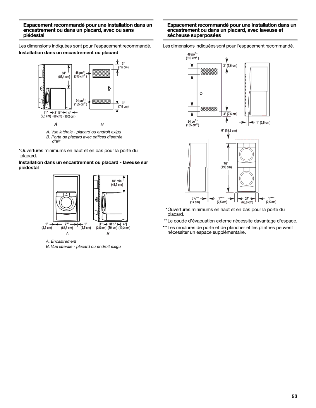 Whirlpool Front Loading Automatic Washer manual Installation dans un encastrement ou placard 