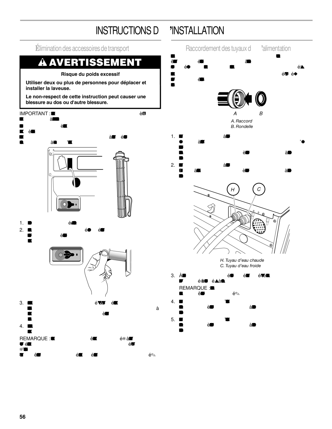 Whirlpool Front Loading Automatic Washer manual Instructions D’INSTALLATION, Élimination des accessoires de transport 